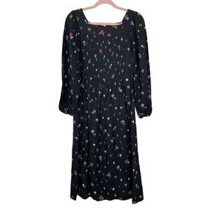 Vintage Razook's Black w/ Florals Long Sleeve Boxy Neckline Pockets Midi Dress M